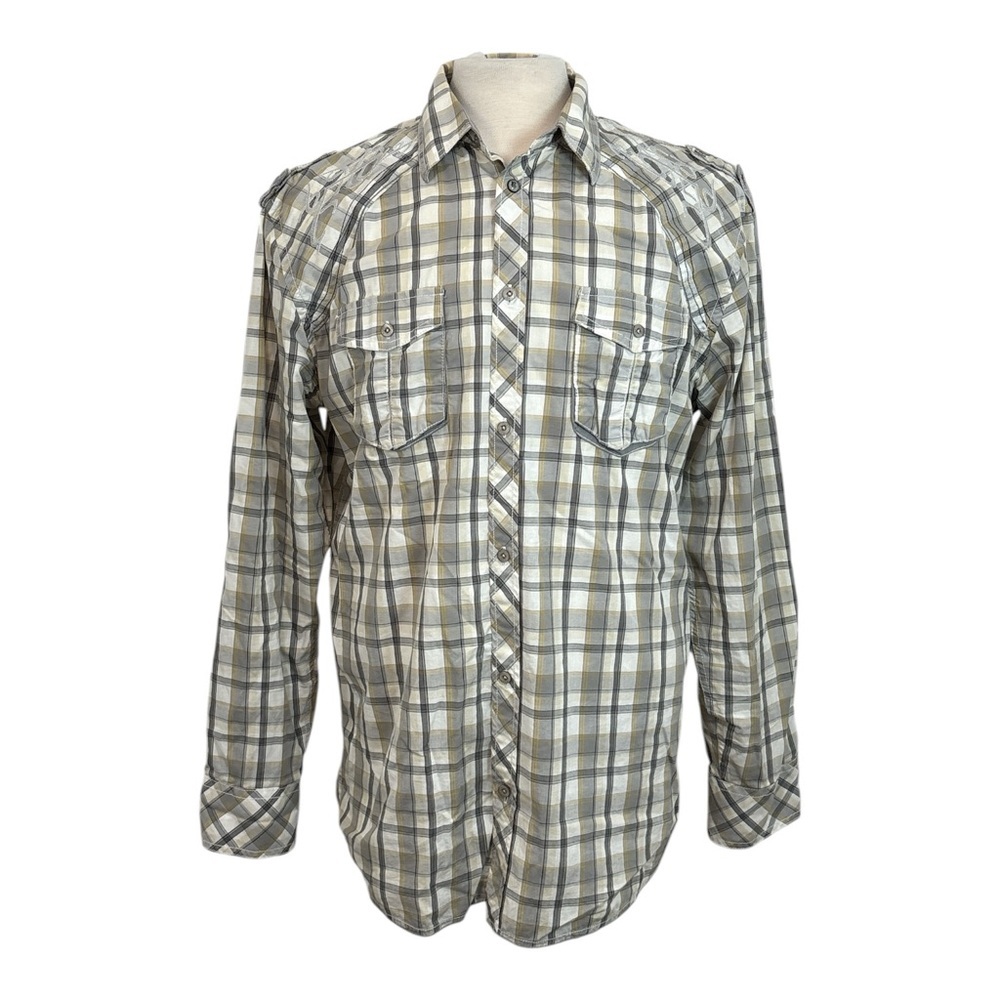 ROAR Strength Refined Mens XL Gray Tan Plaid Embroidered Button Up Shirt Western